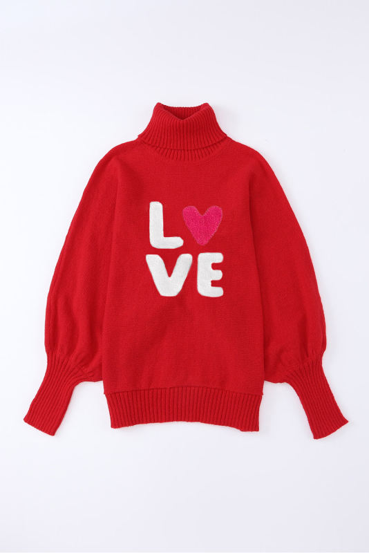 Racing Red Fiery Merry Letter Embroidered High Neck Sweater