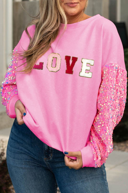 Pink Chenille LOVE Graphic Sequin Sleeve Curvy Sweatshrit