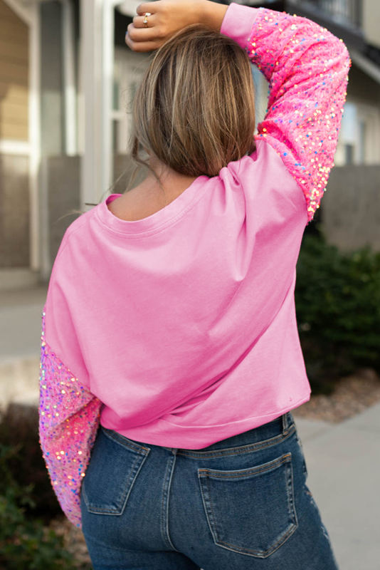 Pink Double Heart Patch Sequined Sleeves Plus Size Sweatshirt