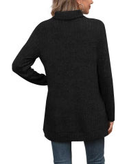 Black Rib Turtleneck Split Long Sleeve Tops