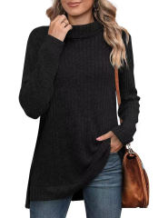 Black Rib Turtleneck Split Long Sleeve Tops