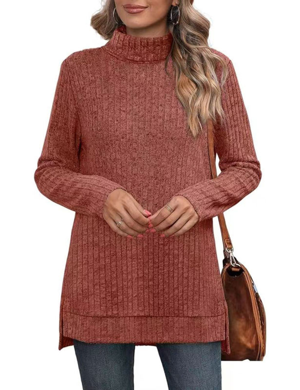 Orange Rib Turtleneck Split Long Sleeve Tops