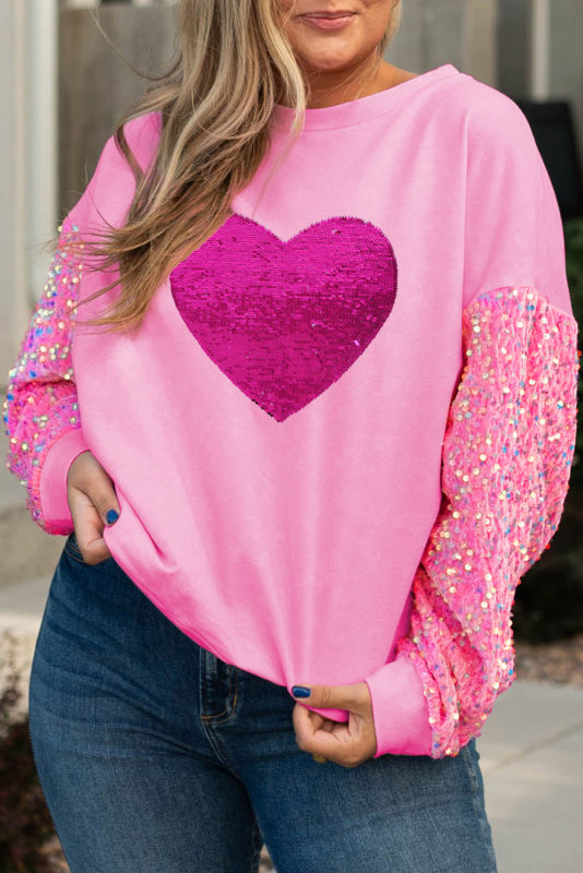Pink Plus Size Glitter Heart Graphic Sequin Sleeve Sweatshirt