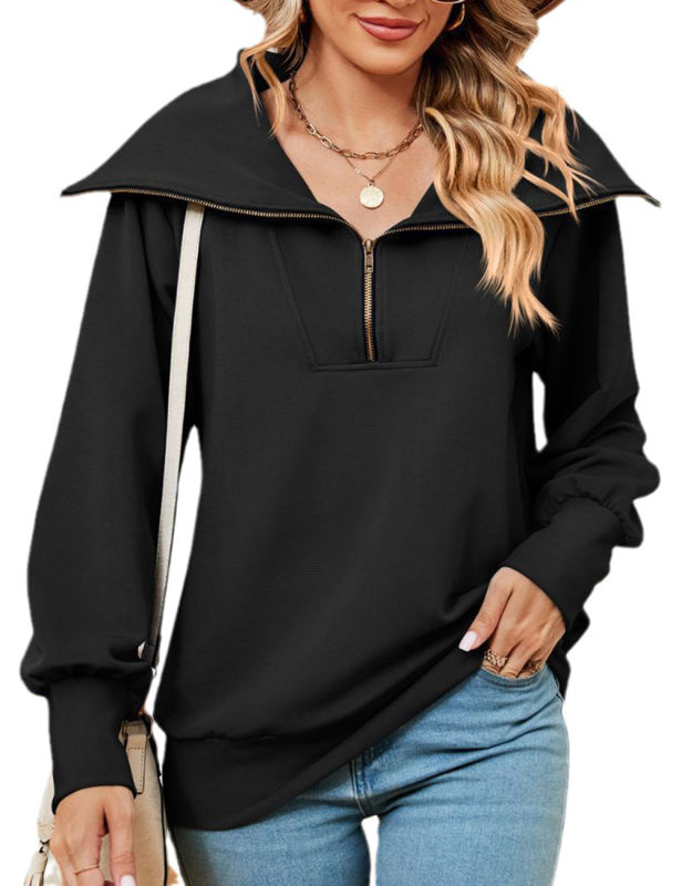 Black Zipper-up Lapel Collar Pullover Sweatshirt