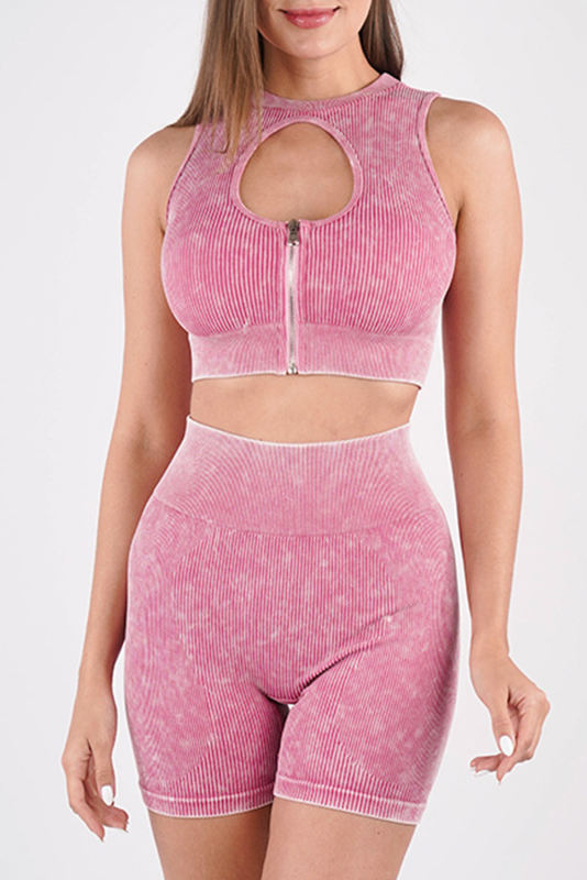Pink Ribbed Zip up Cutout Crop Top with Shorts Active Set