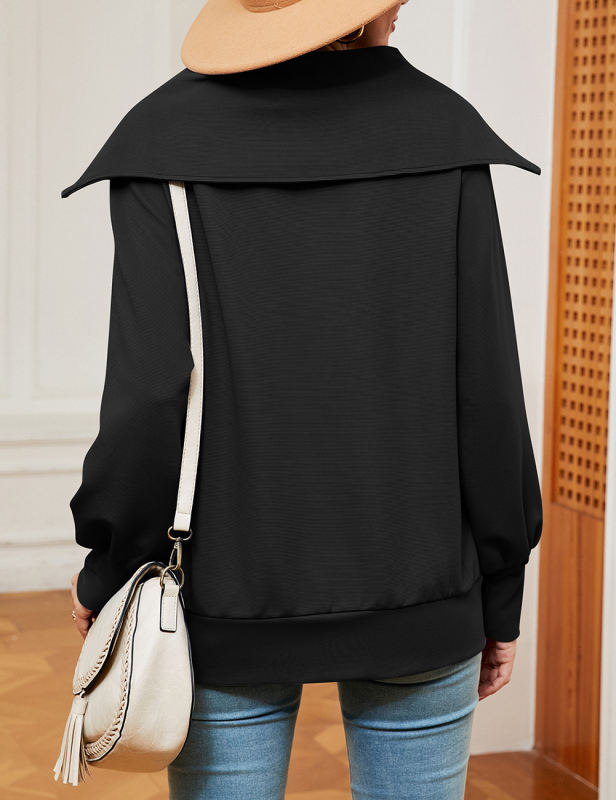Black Zipper-up Lapel Collar Pullover Sweatshirt