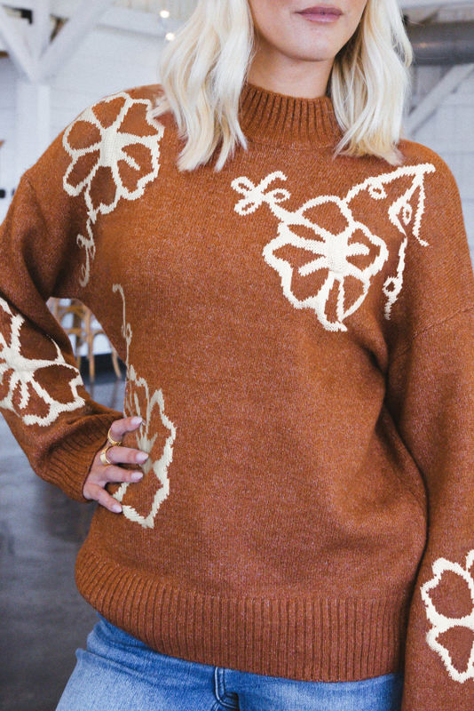 Chestnut Floral Print Ribbed Trim Knitted Sweater