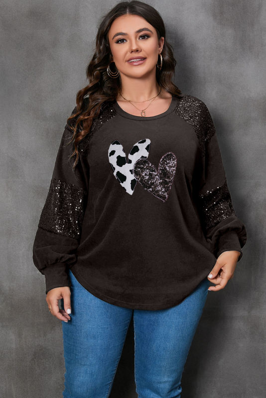 Black Double Heart Patch Sequined Plus Size Long Sleeve Top