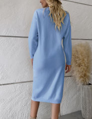 Blue Button-up Round Neck Long Sleeve Sweater Dress