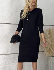 Black Button-up Round Neck Long Sleeve Sweater Dress