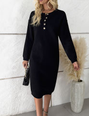 Black Button-up Round Neck Long Sleeve Sweater Dress