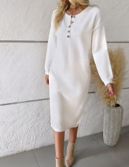 White Button-up Round Neck Long Sleeve Sweater Dress