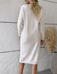 White Button-up Round Neck Long Sleeve Sweater Dress