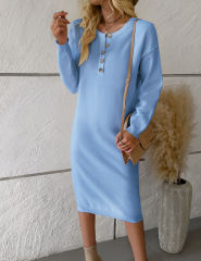 Blue Button-up Round Neck Long Sleeve Sweater Dress