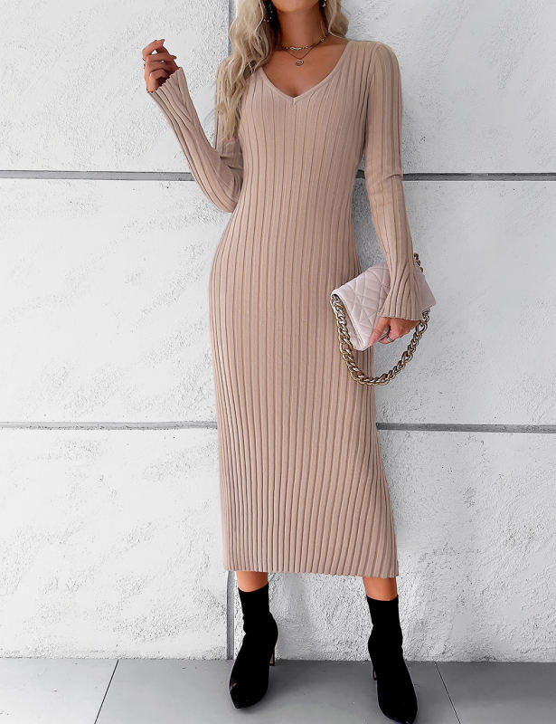 Khaki Solid Color V Neck Long Sleeve Sweater Dress