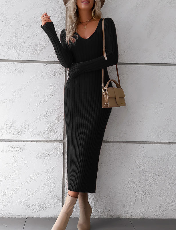 Black Solid Color V Neck Long Sleeve Sweater Dress