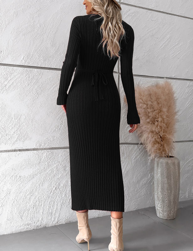 Black Solid Color V Neck Long Sleeve Sweater Dress