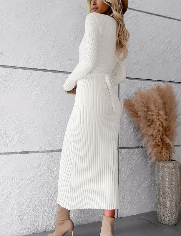 White Solid Color V Neck Long Sleeve Sweater Dress