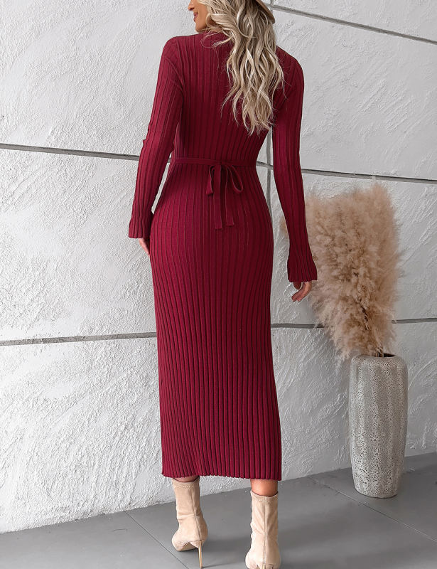 Wine Red Solid Color V Neck Long Sleeve Sweater Dress