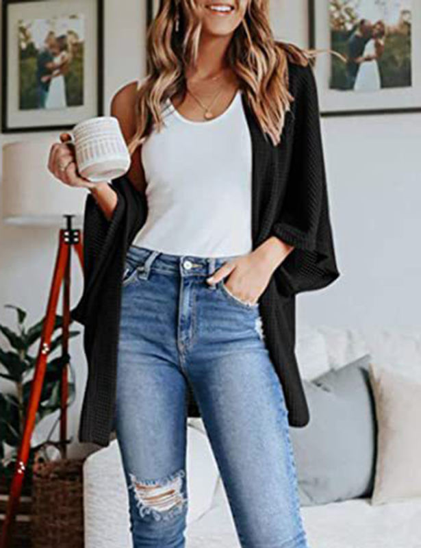Black Waffle Open Front Knit Cardigan Top