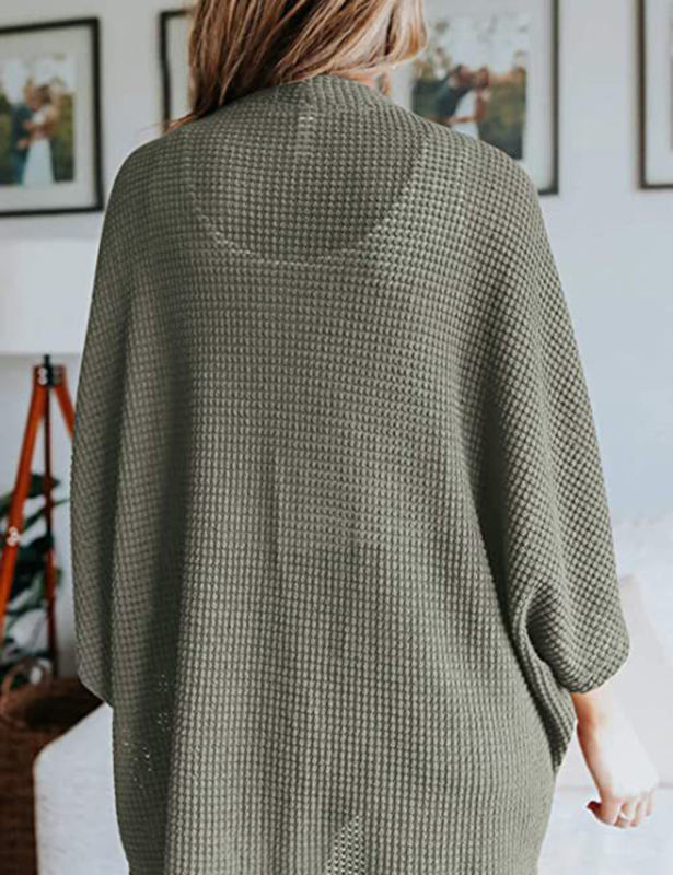 Green Waffle Open Front Knit Cardigan Top