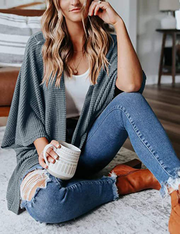 Grey-bluish Waffle Open Front Knit Cardigan Top