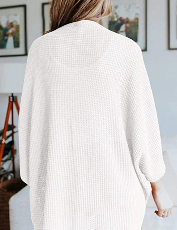 White Waffle Open Front Knit Cardigan Top