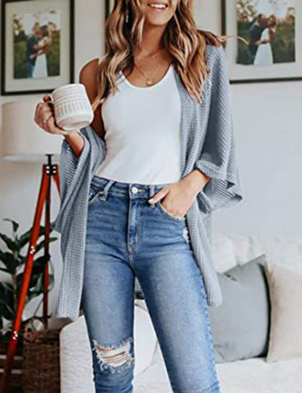Grey-bluish Waffle Open Front Knit Cardigan Top