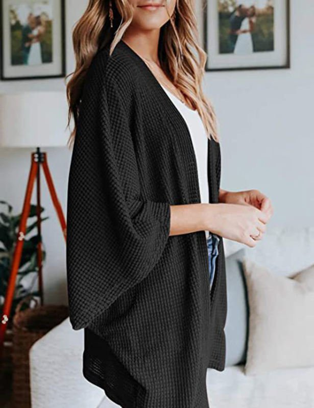 Black Waffle Open Front Knit Cardigan Top