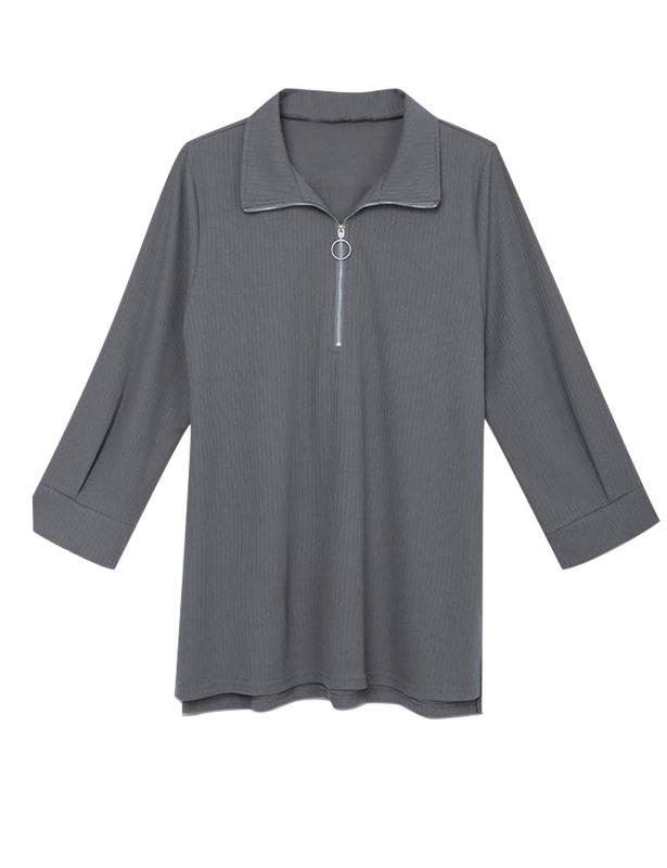 Gray 3/4 Sleeve Half Zip Polo Neck Blouse
