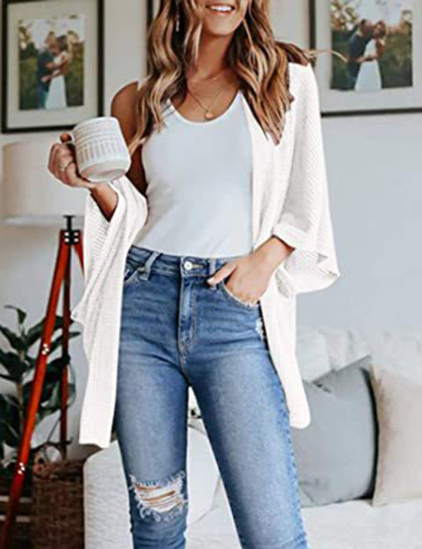 White Waffle Open Front Knit Cardigan Top