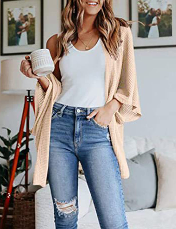 Apricot Waffle Open Front Knit Cardigan Top