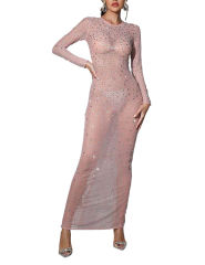 Pink Sheer Mesh Rhinestones Long Sleeve Maxi Dress