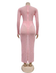 Pink Sheer Mesh Rhinestones Long Sleeve Maxi Dress