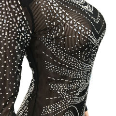 Black Rhinestones Mesh Front Split Maxi Dress