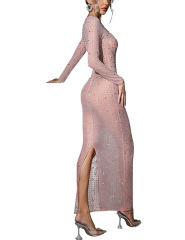 Pink Sheer Mesh Rhinestones Long Sleeve Maxi Dress