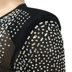 Black Rhinestones Mesh Front Split Maxi Dress