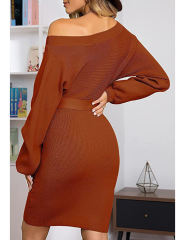 Orange Ribbed Tie Waist Long Sleeve Bodycon Dress