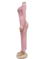Pink Sheer Mesh Rhinestones Long Sleeve Maxi Dress