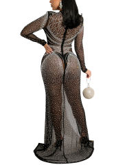 Black Rhinestones Mesh Front Split Maxi Dress