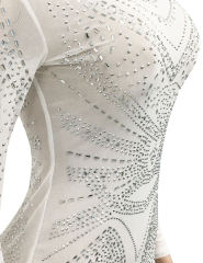 White Rhinestones Mesh Front Split Maxi Dress