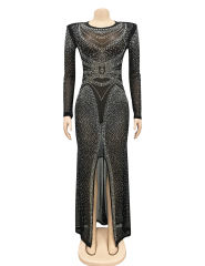 Black Rhinestones Mesh Front Split Maxi Dress