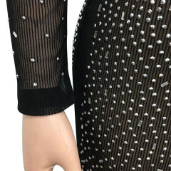 Black Rhinestones Mesh Front Split Maxi Dress