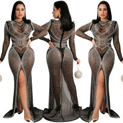 Black Rhinestones Mesh Front Split Maxi Dress