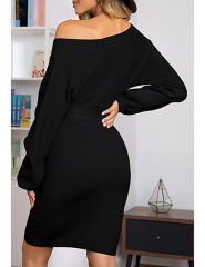 Black Ribbed Tie Waist Long Sleeve Bodycon Dress