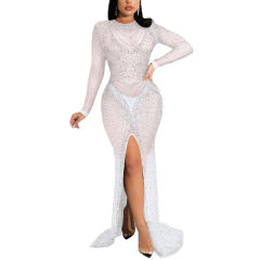 White Rhinestones Mesh Front Split Maxi Dress