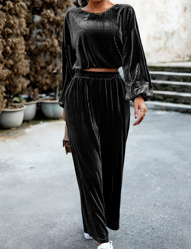 Black Velvet Puff Sleeve Top and wide Leg Pant Set