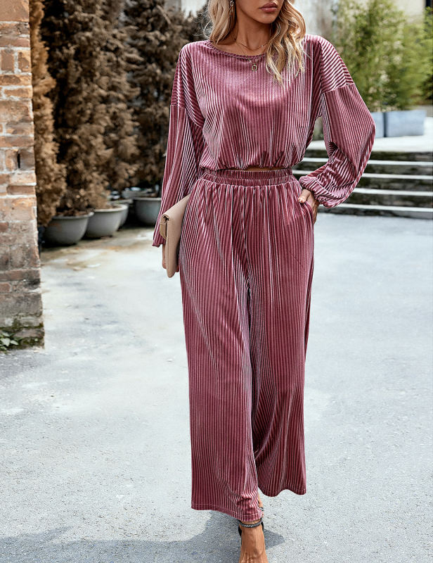Pink Velvet Puff Sleeve Top and wide Leg Pant Set