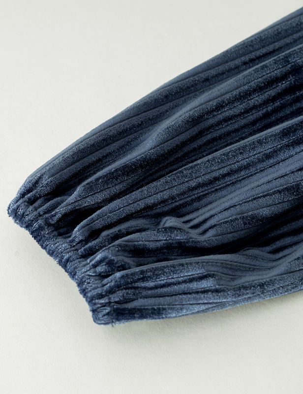 Navy Blue Velvet Puff Sleeve Top and wide Leg Pant Set