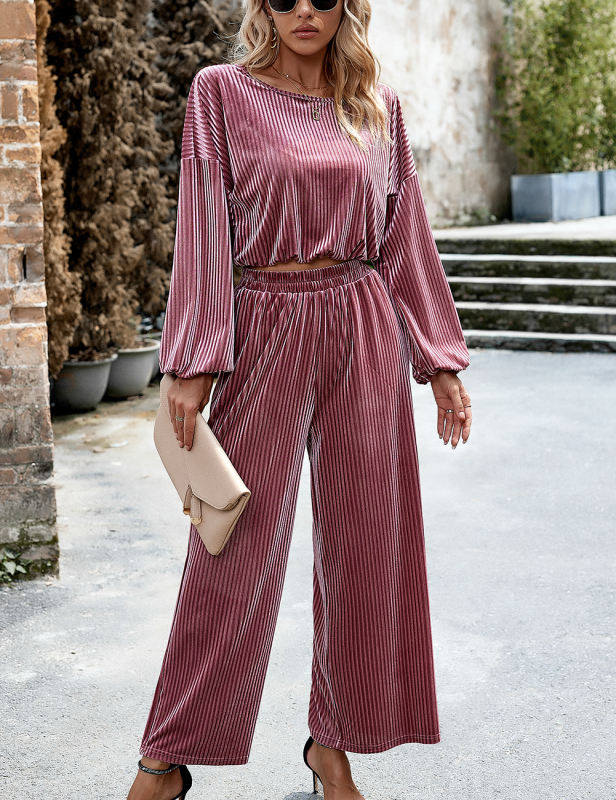Pink Velvet Puff Sleeve Top and wide Leg Pant Set